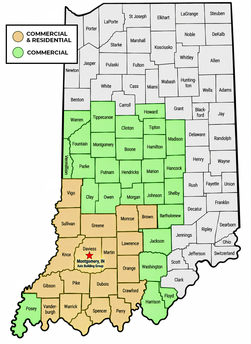 AXIS Building Group Indiana Service Area Map showing commercial and residential coverage