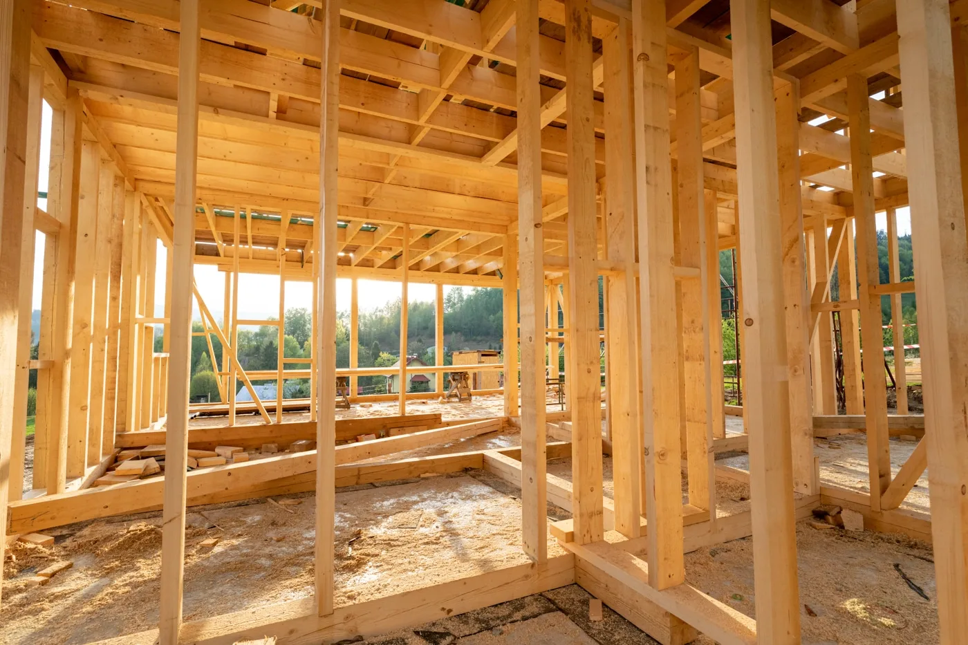 Interior framing of a custom home under construction near Loogootee, Indiana